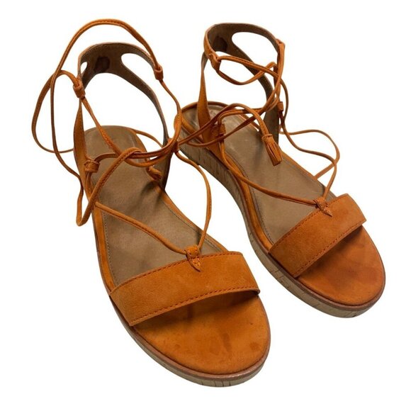 Frye Miranda Gladiator Orange Suede Lace-Up Cork Sole Sandals Flat Heel Size 9 - Picture 1 of 8